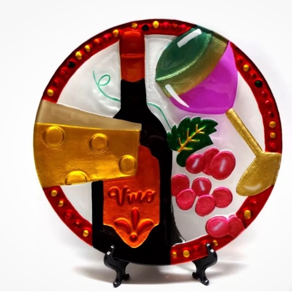 Lori Siebert by Silvestri Glass Fusion Wine & Cheese Design 11" Plate - Picture 1 of 8
